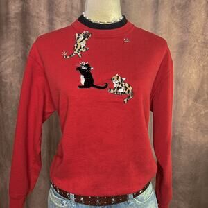 Vintage 90s Cats Kittens Patchwork Sweatshirt Red Fuzzy Embroidered Crewneck